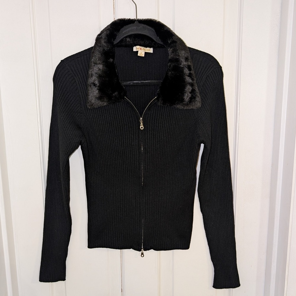 Y2K Ribbed Zip Up Sweater Faux Fur Collar‎ LARGE Whimsigoth Fitted Women Black